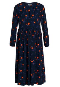 Granatowa sukienka z długim rękawem w kwiatowy wzór w odcieniach czerwieni i fioletu, z plisowanym przodem i marszczoną talią dla swobodnego dopasowania.