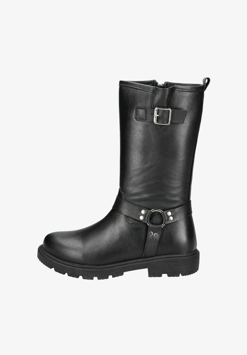 Černé kožené holínky po kolena se bočním zipem, páskem se stříbrným kováním a texturovanou podrážkou. Obsahují dekorativní sponu na vrchu.