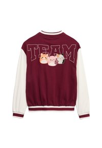 Burgundská mikina s bílými rukávy a pružnými manžetami, na zadní straně s nápisem "TEAM" a čtyřmi vyšitými obličeji zvířat.