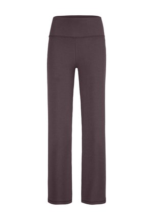 High-Waist-Yoga-Hosen mit geradem Bein in Dunkelbraun, mit flachen Nähten und ohne sichtbare Taschen, dargestellt auf weißem Hintergrund.