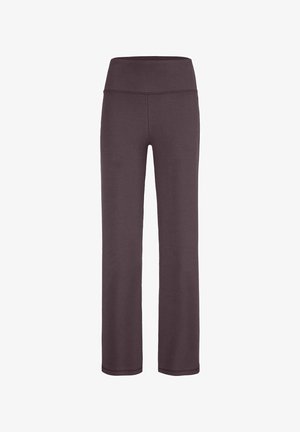 High-Waist-Yoga-Hosen mit geradem Bein in Dunkelbraun, mit flachen Nähten und ohne sichtbare Taschen, dargestellt auf weißem Hintergrund.