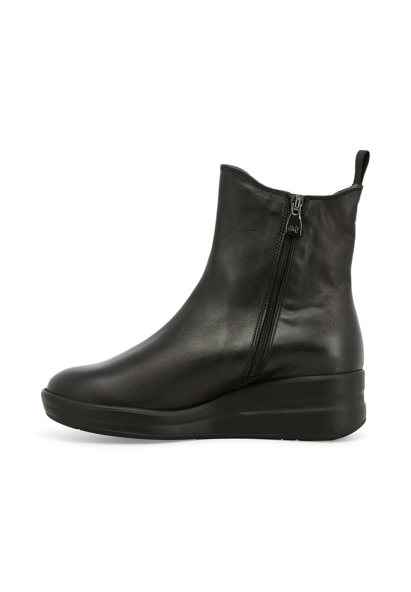 Stivaletti neri in pelle con un design elegante, dotati di una cerniera laterale, punta arrotondata e tacco a zeppa per aumentare l'altezza e il comfort.