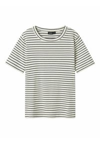 Stribet kortærmet t-shirt i creme med sorte vandrette striber. Rund halsudskæring, blød tekstur og afslappet pasform.