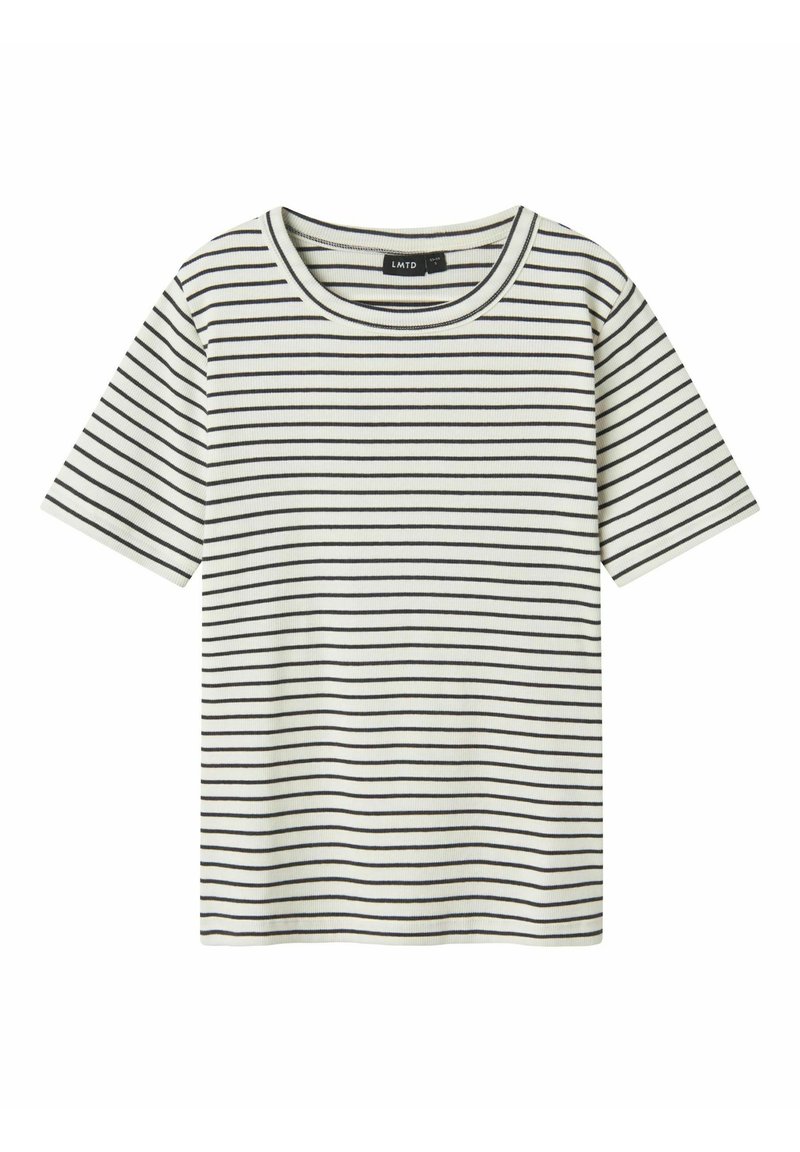 Stribet kortærmet t-shirt i creme med sorte vandrette striber. Rund halsudskæring, blød tekstur og afslappet pasform.