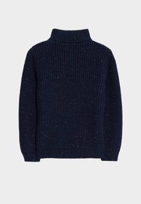 Dunkelblauer Strickpullover mit hohem Kragen, der eine gerippte Textur und subtile Punkte in Hellblau aufweist.