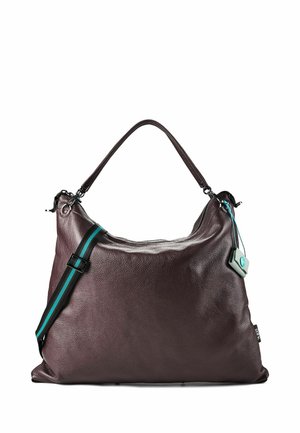 Große dunkelbraune Leder-Schultertasche mit einem breiten, verstellbaren schwarzen und türkis gestreiften Träger und einem kleinen befestigten türkisfarbenen Zubehörbeutel.