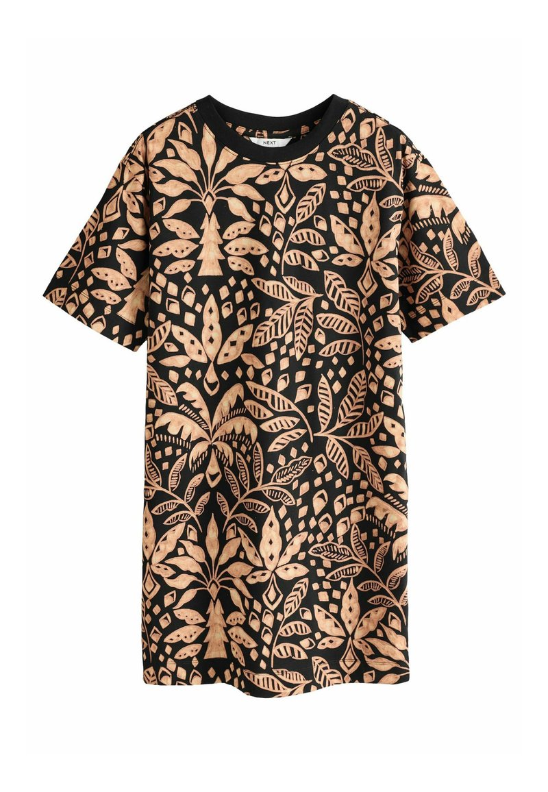 Schwarzes T-Shirt mit einem beigefarbenen botanischen Muster aus Blättern und Formen, kurzen Ärmeln, rundem Halsausschnitt und lockerer Passform.