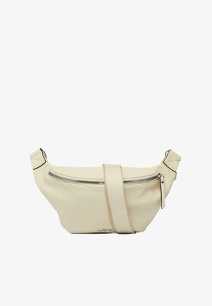 Beige crossbody bag made of perforated material with a zip closure, adjustable strap, and silver-tone accents. Compact, curved design.