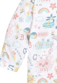 White fabric with colorful summer-themed illustrations including crabs, suns, rainbows, flowers, beach balls, ice cream, and playful text.
