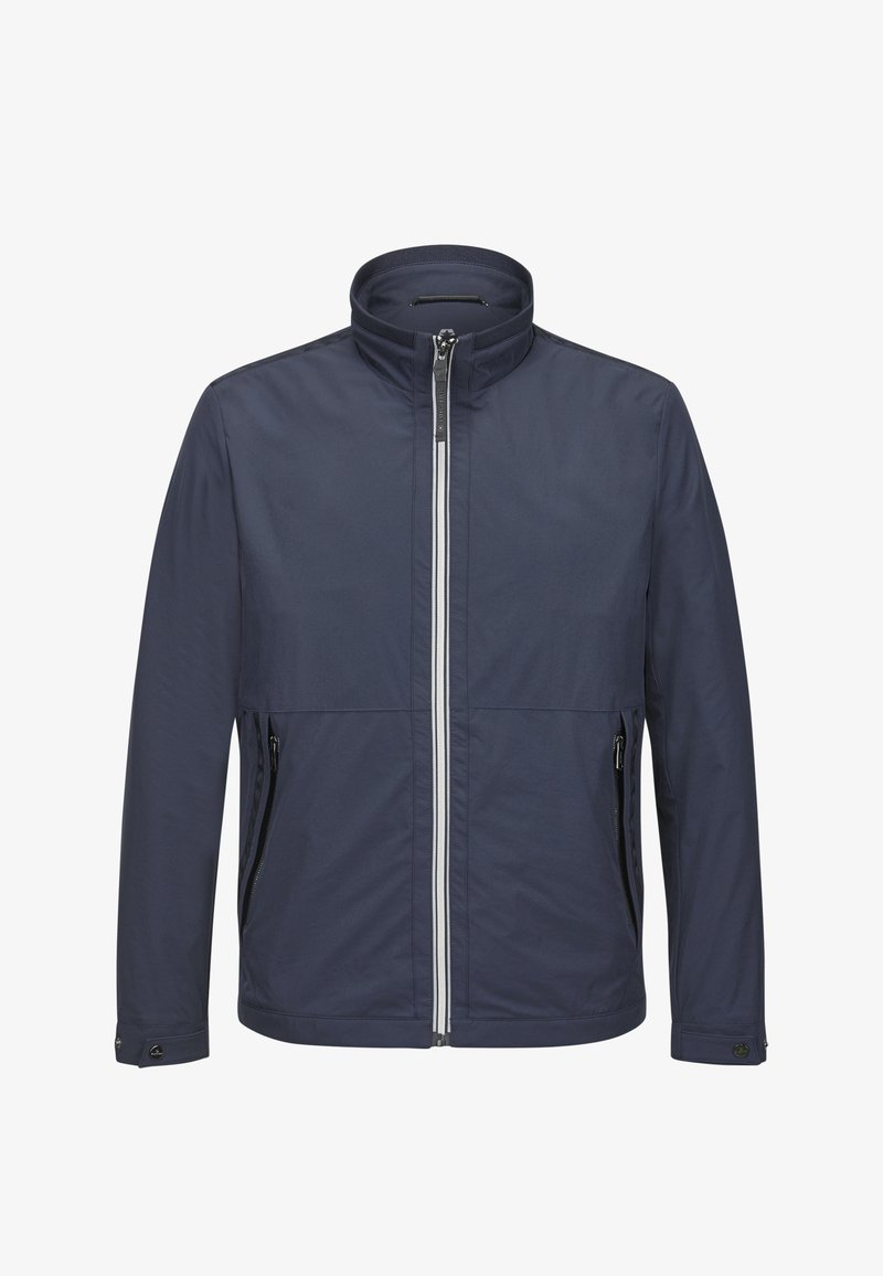 Marineblaue Jacke mit hohem Kragen, Frontreißverschluss und zwei Seitentaschen. Verfügt über eine glatte Textur und verstellbare Manschetten für eine perfekte Passform.