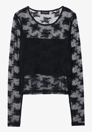 Zwarte lange mouwen top met een doorschijnend mesh ontwerp. Bevat een bloemenstructuur overlay en een solide stoffensectie in het midden. Stylisch en lichtgewicht.