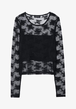 Zwarte lange mouwen top met een doorschijnend mesh ontwerp. Bevat een bloemenstructuur overlay en een solide stoffensectie in het midden. Stylisch en lichtgewicht.