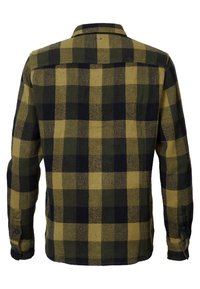 Grün und schwarz kariertes Flanellhemd mit Button-down-Kragen, langen Ärmeln und einem strukturierten Stoff mit einem Gittermuster.