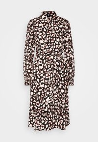 Vestito camicia a maniche lunghe con stampa leopardata nera, marrone e crema, frontale con bottoni, colletto e cintura annodata in vita.