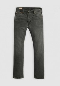 Jeans in corda grigia scura con vestibilità dritta, dotati di tasche frontali, cuciture in stile vintage e dettagli in metallo.
