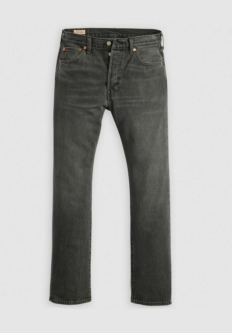 Jeans de pana gris oscuro con un corte recto, que cuentan con bolsillos delanteros, costuras de estilo vintage y detalles de hardware metálico.