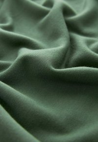 Tessuto verde con una trama morbida e liscia, che presenta delicate pieghe e un finish opaco. Il materiale sembra leggero e flessibile.