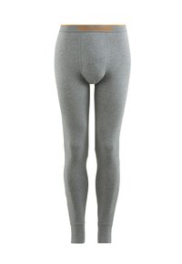 Gray leggings made of soft fabric with a snug fit. Features an orange branded waistband and a contoured pouch design.