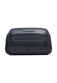 Beauty case blu navy in tessuto strutturato e pelle liscia. Dotato di scomparto con cerniera e motivi geometrici. Design compatto.