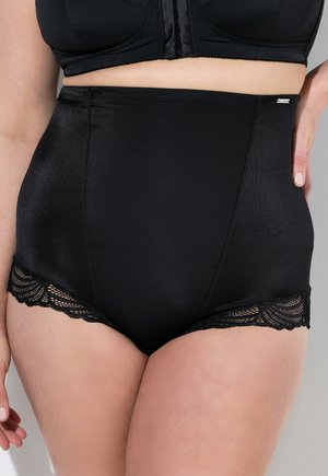 Mutande nere a vita alta con una finitura satinata liscia e pizzo lungo le gambe, che offrono una vestibilità aderente e senza cuciture visibili.