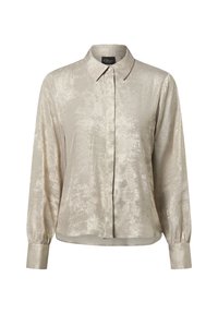 Langärmlige, schimmernde beige Bluse mit verdeckter Knopfleiste, spitzem Kragen und geknöpften Manschetten.