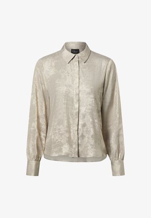Long-sleeve shimmery beige blouse with concealed button placket, pointed collar, and buttoned cuffs.