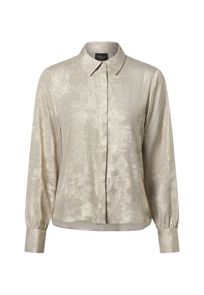 Langärmlige, schimmernde beige Bluse mit verdeckter Knopfleiste, spitzem Kragen und geknöpften Manschetten.
