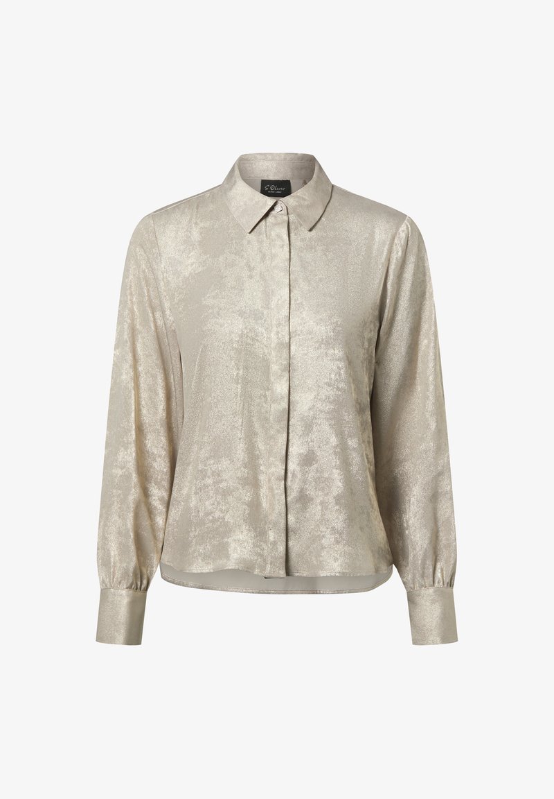 Langärmlige, schimmernde beige Bluse mit verdeckter Knopfleiste, spitzem Kragen und geknöpften Manschetten.