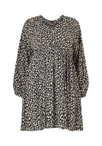 Schwarzes Kleid mit langen Ärmeln, das über einen gerafften Ausschnitt und ein plissiertes Design verfügt. Mit einem weißen Blumenmuster auf dunklem Hintergrund verziert.
