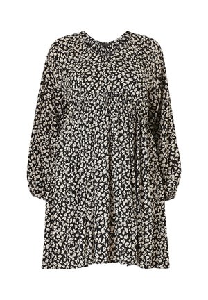 Schwarzes Kleid mit langen Ärmeln, das über einen gerafften Ausschnitt und ein plissiertes Design verfügt. Mit einem weißen Blumenmuster auf dunklem Hintergrund verziert.