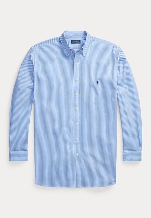 Men's long-sleeve blue and white vertical striped button-down shirt with collar and embroidered logo on left chest.