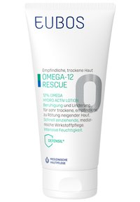 EUBOS Omega-12 Rescue lotion in a white tube with a flip cap. Features blue and green text, indicating 12% omega formula for dry, sensitive skin.