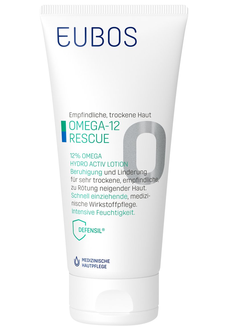 EUBOS Omega-12 Rescue lotion in a white tube with a flip cap. Features blue and green text, indicating 12% omega formula for dry, sensitive skin.