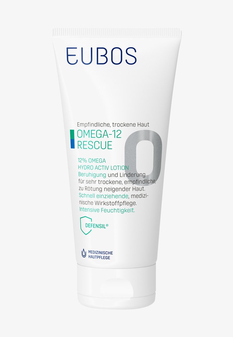 EUBOS Omega-12 Rescue lotion in a white tube with a flip cap. Features blue and green text, indicating 12% omega formula for dry, sensitive skin.