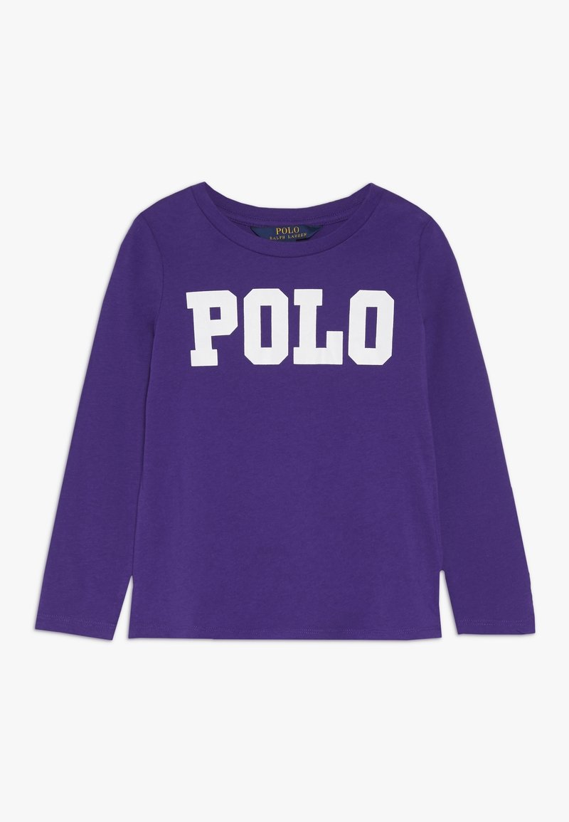 Paarse lange mouwen shirt met witte "POLO" tekst over de borst en een ronde halslijn.
