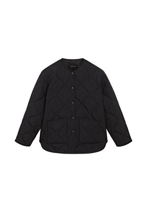 Black quilted jacket with round neckline, snap buttons down front, long sleeves, and two large front pockets.
