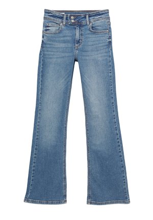 Jeans flared din denim albastru, cu un design clasic cu cinci buzunare, decolorare ușoară și închidere cu buton la talie.