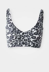 Brun leopardmønstret bh topp med scoop neckline, tynne stropper og en glatt tekstur i nyanser av svart og hvitt.