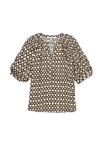 Blouse imprimée avec un fond crème et un motif en losanges marron, décolleté en V et manches courtes bouffantes. Fabriquée en tissu léger.