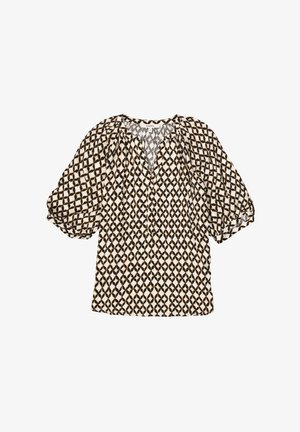 Bedruckte Bluse mit einem cremefarbenen Hintergrund und braunem Rautenmuster, V-Ausschnitt und gepufften kurzen Ärmeln. Hergestellt aus leichtem Stoff.