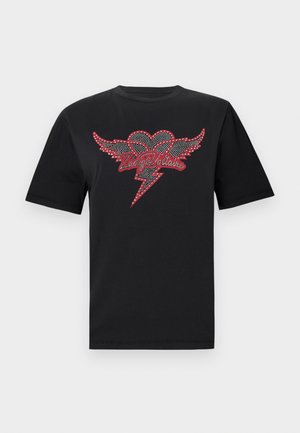 Black cotton t-shirt featuring a winged heart design with red and white rhinestone embellishments and lightning bolt detail.
