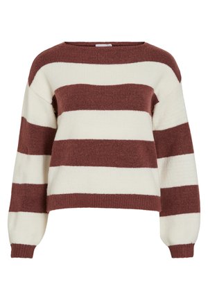 Maglione a righe in bordeaux e crema, realizzato in un morbido filato testurizzato. Presenta un ampio scollo e maniche a palloncino con polsini a costine.