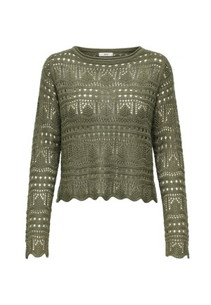 Oliven grønn heklegenser med lange ermer, bølgekant og åpen vevmønster som viser forskjellige geometriske design.