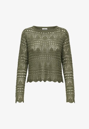 Oliven grønn heklegenser med lange ermer, bølgekant og åpen vevmønster som viser forskjellige geometriske design.