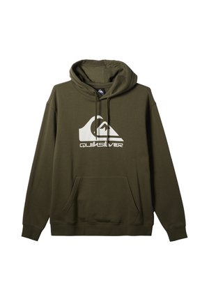 Olive green hooded sweatshirt made of soft fabric, featuring a white Quiksilver logo on the chest and a front pocket. Classic fit design.