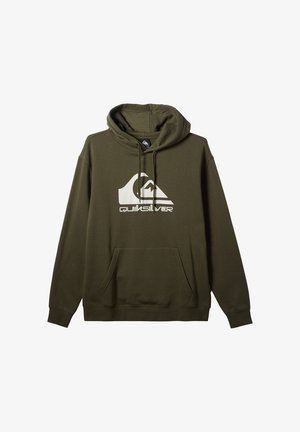 Olijfgroene hoodie van zacht stof, met een wit Quiksilver-logo op de borst en een voorzak. Klassieke pasvorm.