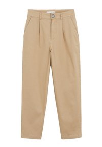 Pantalon beige clair en mélange de coton. Il présente une coupe droite, des plis devant, une taille à boutons et des poches latérales.
