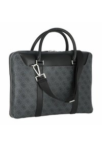 Malette grise à motifs avec des accents en cuir noir, deux poignées supérieures et une bandoulière réglable. Elle dispose d'une fermeture éclair et d'un design élégant.