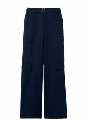 Pantalons cargo navy en matériau robuste, avec taille haute, jambes larges et plusieurs rabats de poche avant. Comprend un détail de passant de ceinture.