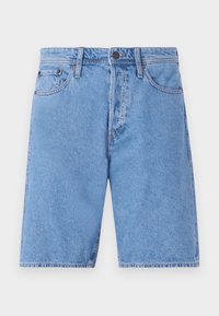 Lichtblauwe denim shorts met een klassieke vijfzakkenontwerp, knoopsluiting en rechte pijpen, met een vervaagde textuur en stikselaccenten.